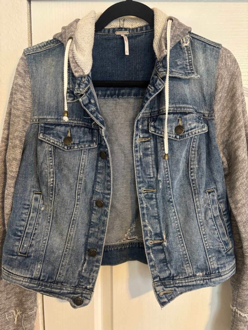 Free People | Distressed Denim Hoodie Jacket with Detachable Hood | Size Small